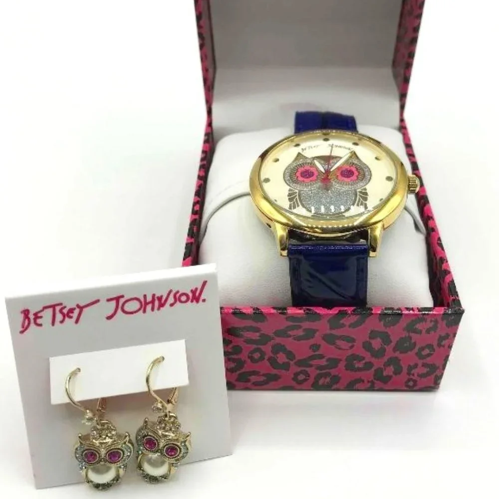 A25-NIB Betsey Johnson Rhinestone Owl Glitter Mixed Metal XOX Watch w/ Earrings - Picture 1 of 6